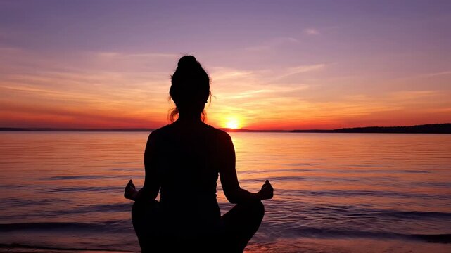 Woman silhouette meditating outdoors at sunset on calm water, sun path on water. Yoga practice, spiritual wellness for mind and body.