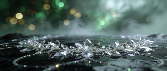Sparkling crystal crown with jewels on a dark surface, surrounded by ethereal mist and bokeh lights