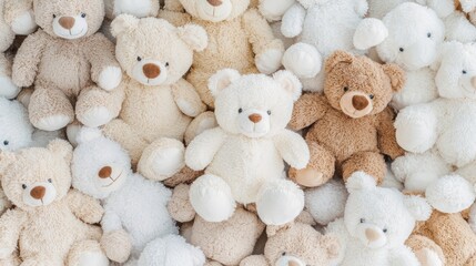 A colorful arrangement of soft teddy bears fills the space with warmth and charm, showcasing different sizes and textures