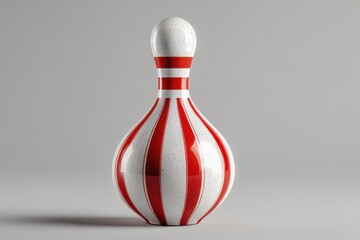 Isolated bowling pin standing tall, featuring white base with bold red stripes, set against a neutral gray background