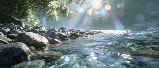 Glistening river stones under radiant sunlight, reflecting the peaceful tranquility of a natural forest stream