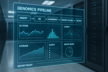 Futuristic Genomics Pipeline Dashboard Displayed on Transparent Hologram in Data Center with Real Time Analytics Charts and DNA Sequencing Workflow Monitoring