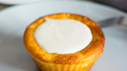 Delicious cheesecake with sour cream on a plate. Breakfast concept for the family