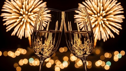 Elegant New Year Celebration with Champagne Glasses Fireworks and Golden Light Effects   