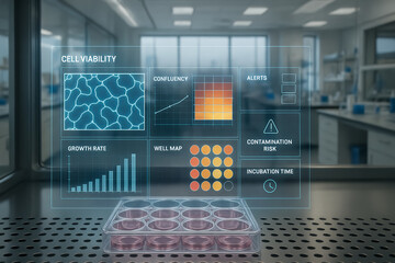 Holographic Digital Interface Displaying Real Time Cell Viability Analysis in a Sterile Laboratory with Confluency Growth Rate Well Maps Contamination Alerts and Incubation