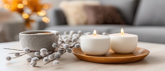 Soft lighting from candles and twinkling branches adds warmth to a stylish living room, creating a serene ambiance for winter gatherings
