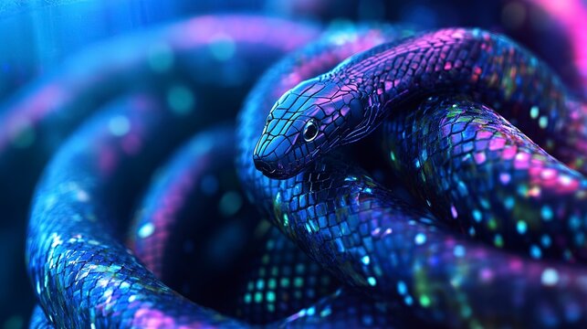 Colorful snake in a vibrant setting with bright patterns and details on its scales and body