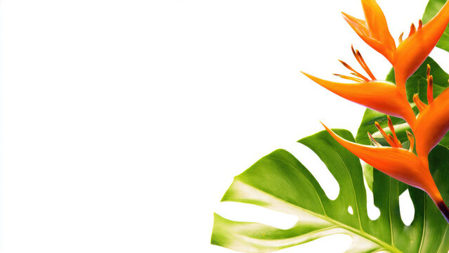 Orange Heliconia Flower and Monstera Leaf