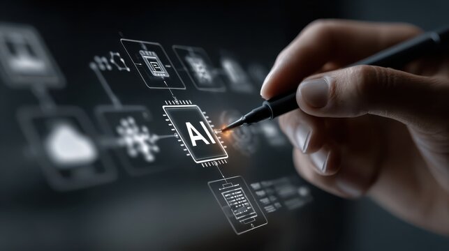 Hand using stylus on digital interface displaying ai chip, cloud computing and workflow icons for automation and machine learning innovation - Powered by Adobe