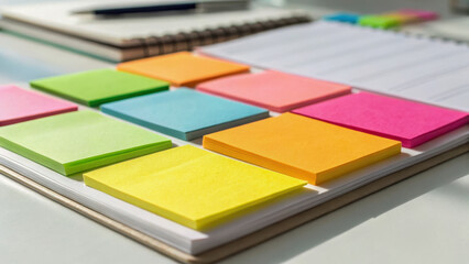 Fototapeta premium Colorful sticky notes neatly arranged on desk, creating organized and vibrant workspace