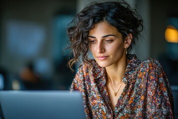Young professional hispanic woman analyzes data on computer. businesswoman works or learns at desk in office workspace. online work with technology