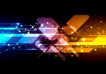 Abstract digital network connections with glowing blue purple and orange geometric shapes on black background 1