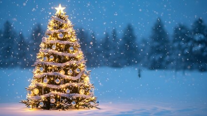 Magical Christmas Tree in Snowy Winter Night with Glowing Lights