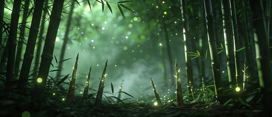 Fototapeta premium Vibrant Bamboo Grove Illuminated by Magical Light Particles and Glowing New Shoots in a Tranquil Forest Setting