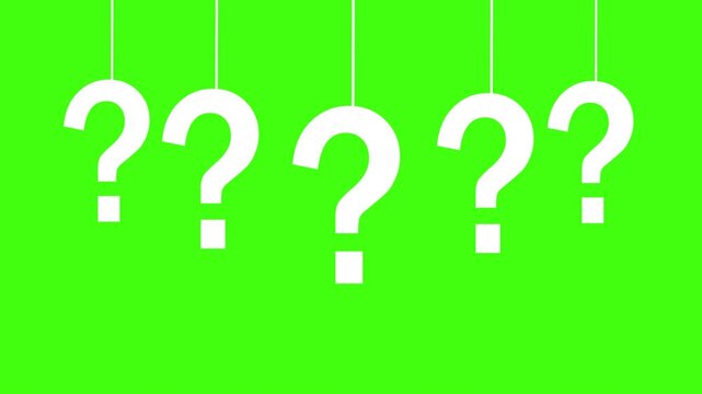 White question marks falling and hanging on thin strings over green screen, symbol of curiosity confusion and knowledge, chroma key element