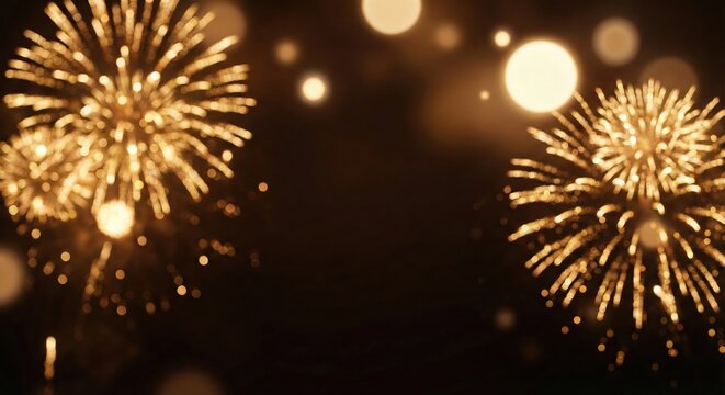 Golden Firework Explosions Illuminating the Night Sky with Bokeh Lights