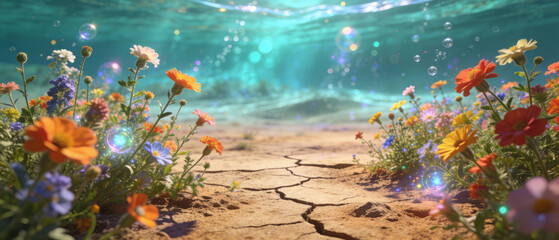 Magical Resilience Bright Flowers Grow on Dry Earth, Merging with a Sparkling Aquatic Dreamscape