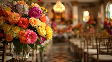 Flowers decorate a solemn space in a funeral home during a farewell service