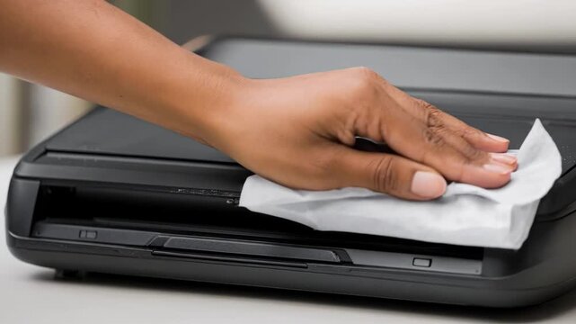 Medium shot of flatbed scanner roller being gently wiped for dust removal enhancing image clarity and device reliability in an office setting.