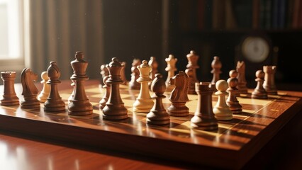 A classic wooden chess set ready for a strategic game in a warm, inviting room.