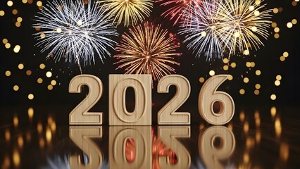 New Year 2026 Wooden Number Blocks with Fireworks and Bokeh Lights