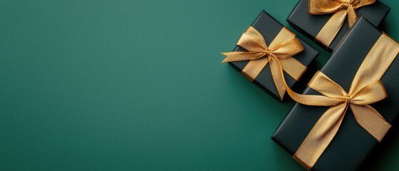 Two beautifully wrapped black gift boxes with golden ribbons sit on a rich dark green background, ideal for festive moments and surprises