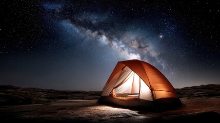 Two yellow tents glow warmly in the snowy night, surrounded by trees and nearby lights, creating a cozy atmosphere