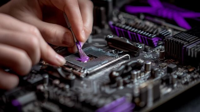 Closeup of hands precisely applying advanced thermal paste on a CPU enhancing cooling performance during intense gaming sessions in a modern desktop setup