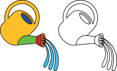 Coloring page with watering can with pouring water isolated on white background