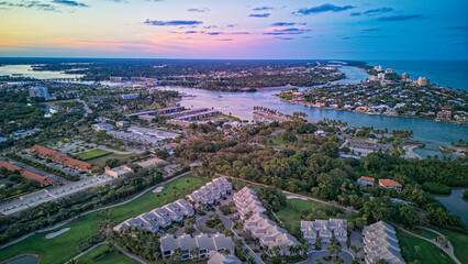 aerial view of Jupiter Inlet at sunset