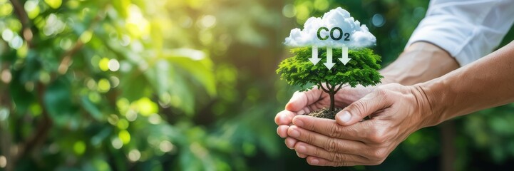 The palms carefully hold a small green tree, above which is depicted a cloud with the inscription "CO2". A banner with space for the text.