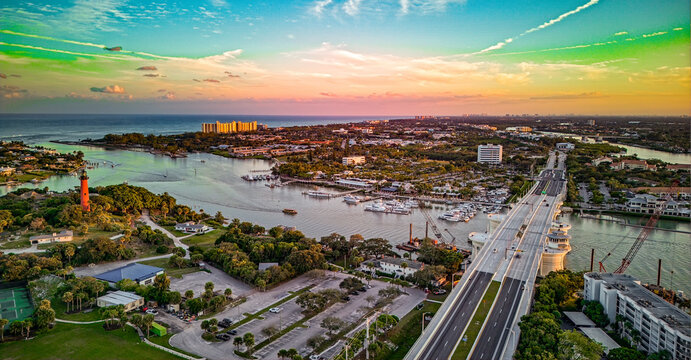 aerial view of Jupiter Inlet at sunset