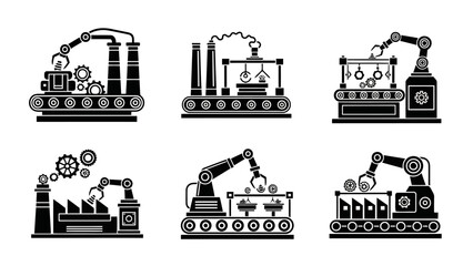 Obraz premium Industrial robotic arm at work assembling gears on conveyor belt with factory background in a manufacturing plant producing machinery and technology components