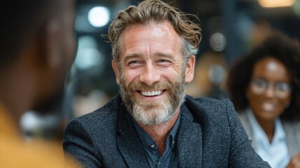 Happy businessman leads sales discussion with diverse team during daytime meeting, fostering positive corporate environment and driving company success