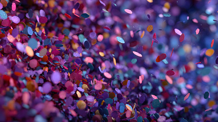 A festive and colorful party with flying neon confetti on a purple, red and blue background