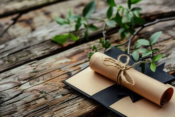 Elegant Rolled Paper Certificate with Natural String on Rustic Wooden Background