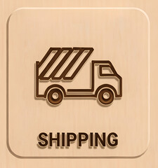 Shipping Truck Icon &ndash; Delivery and Logistics Concept: Brown outline icon of a delivery truck with "shipping" label, symbolizing logistics, delivery services, and transportation.