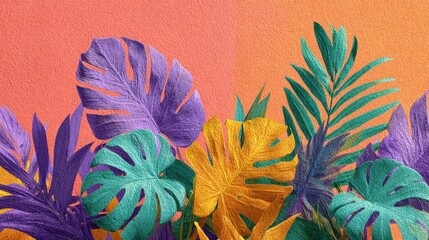 Painted bold tropical palm leaves against a minimal summer background of bright coral and orange
