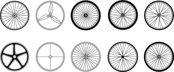Assortment of Bicycle Wheels and Spokes in Black and White Line Art bike