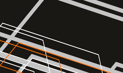 Black abstract modern background with gray and orange geometric lines and white outlines. Vector illustration
