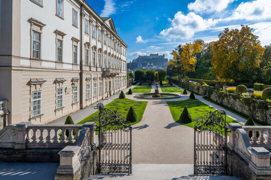 Mirabell Gardens in the city of Salzburg with Fortress Hochensalzburg, Austria