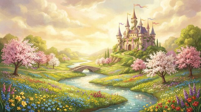 Fairy Tale Castle in Spring Landscape with Blooming Trees and River