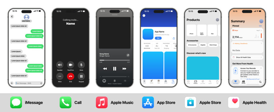 Apple iOS system applications interface showcasing iMessage chats phone call screen Apple Music player App Store browsing Apple Store products and Apple Health summary on modern iPhone design