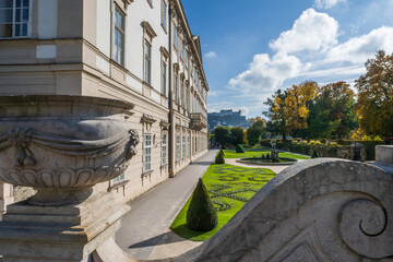 Mirabell Gardens in the city of Salzburg with Fortress Hochensalzburg, Austria