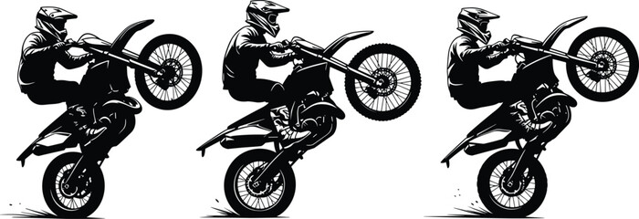 Motocross Rider Performing Wheelie on Dirt Bike Silhouette Set Keywords: motocross, dirt bike, motorcycle, rider, wheelie, stunt © MdAbdur
