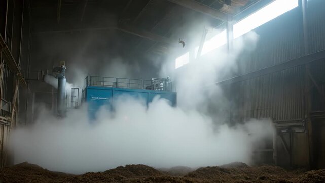 Medium shot of a compost accelerator machine with steam rising showing heatassisted organic waste breakdown in a controlled environment