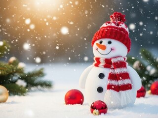 Fototapeta premium A cheerful snowman wearing a red hat and scarf standing in a snowy landscape with christmas trees and ornaments around it