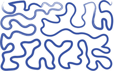 Hand painted blue brush stroke line shapes on transparent background, fluid abstract artistic vector artwork.