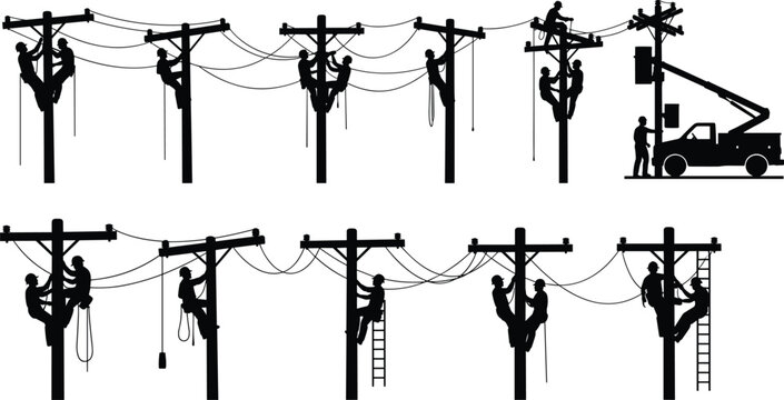 Silhouette of linemen working on utility poles with a bucket truck lineman electricity
