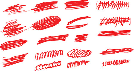 Collection of various hand drawn red marker scribbles and underline brush stroke elements for design.